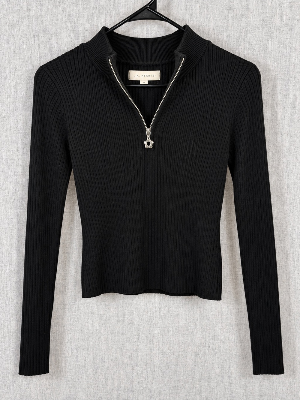Pacsun La Hearts Black Ribbed Zip-Neck Long Sleeve crop sweater mockneck Top M